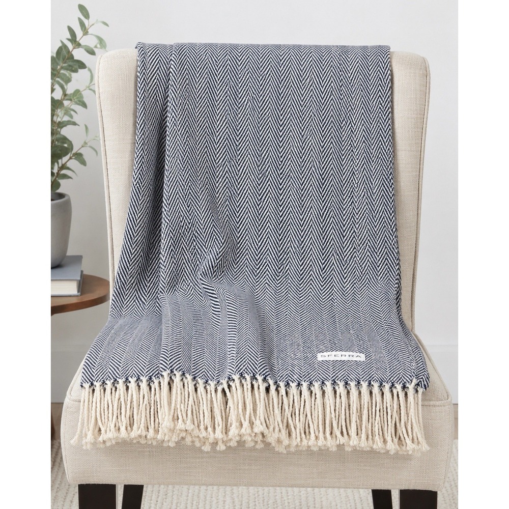 Sferra Navy Ivory Herringbone Throw Blanket Fringed Luxury Italian Brand